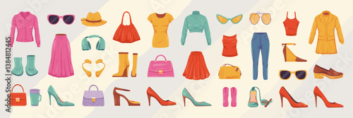 Stylish vector icons of fashion and accessories featuring clothing, sunglasses, handbags, and high heels – Perfect for boutique branding, lifestyle content, or graphic design.