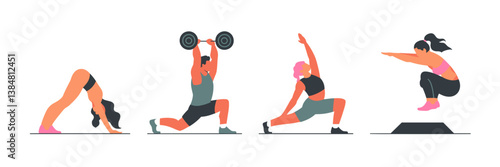 Simple fitness and exercise icons, including yoga, stretching, weightlifting, and jumping