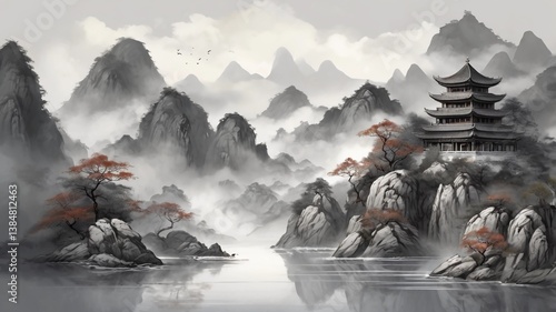 Chinese style gray artistic conception landscape illustration, water and mountain painting, abstract art landscape