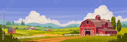 Vector illustration of rural countryside and farmland featuring barns, fences, and rolling hills under a clear sky