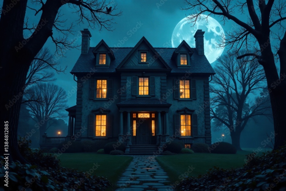 Dark mansion with spooky windows and overgrown gardens at night, dark, abandoned, overgrown Dark mansion with spooky windows and overgrown gardens at night, dark, abandoned, overgrown
