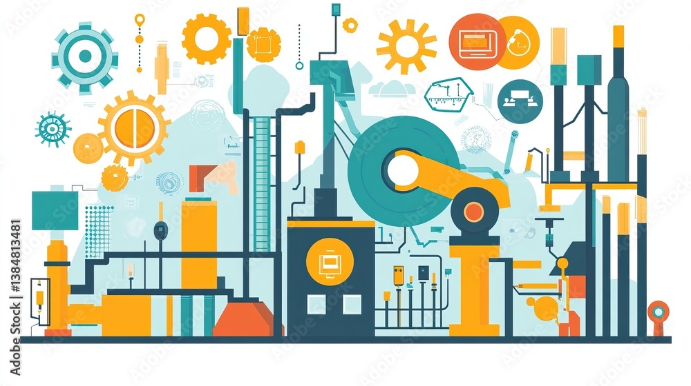 Naklejka premium Colorful industrial factory scene with gears, machinery, and abstract elements