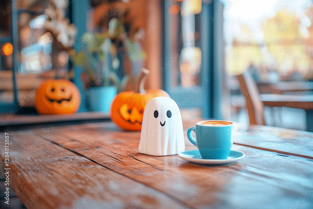 A cute Halloween coffee concept featuring a smiling ghost holding a steaming cup of coffee next to a pumpkin, set in a cozy coffee shop with subtle spooky decorations