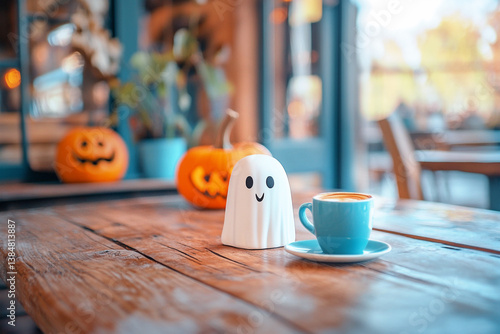 Obraz na płótnie A cute Halloween coffee concept featuring a smiling ghost holding a steaming cup of coffee next to a pumpkin, set in a cozy coffee shop with subtle spooky decorations w salonie