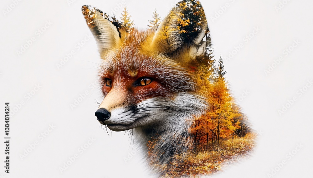 Fototapeta premium Double exposure art featuring a fox's face blended with a vibrant autumn landscape, showcasing the harmony of wildlife and nature.