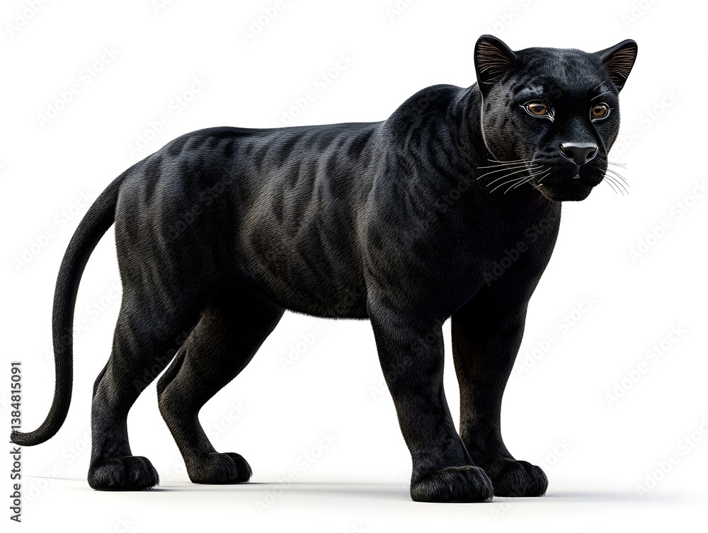 Obraz premium A majestic black panther stands alert against a pure white background showcasing its sleek powerful build and intense gaze.