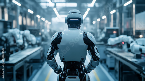 Wallpaper Mural A futuristic exoskeleton suit assisting a worker in a high tech factory, sleek industrial background with automated machinery, Wearable technology style Torontodigital.ca