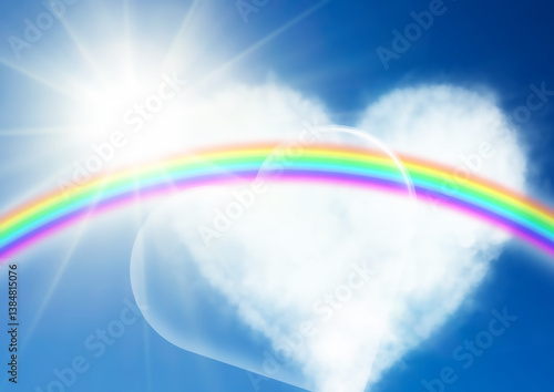 爽やかな青空に浮かぶハート形の雲と虹の3dイラスト
