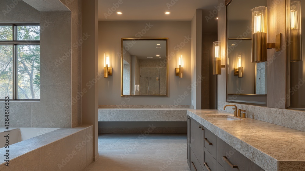 A spa-like bathroom with modern brass sconces illuminating a large mirror above a stone countertop and a floating vanity A spa-like bathroom with modern brass sconces illuminating a large mirror above a stone countertop and a floating vanity