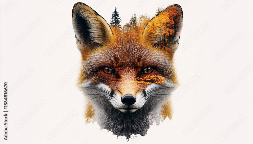 Fototapeta premium Double Exposure of a Fox's Face Merged with Autumn Landscape Capturing the Harmony of Wildlife and Nature