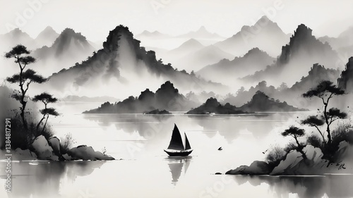 Wallpaper Mural Monochrome landscape with mountains, a lake, and sailboat in a minimalist style.Traditional oriental ink painting sumi-e, u-sin, go-hua. Translation of hieroglyph - zen. Torontodigital.ca