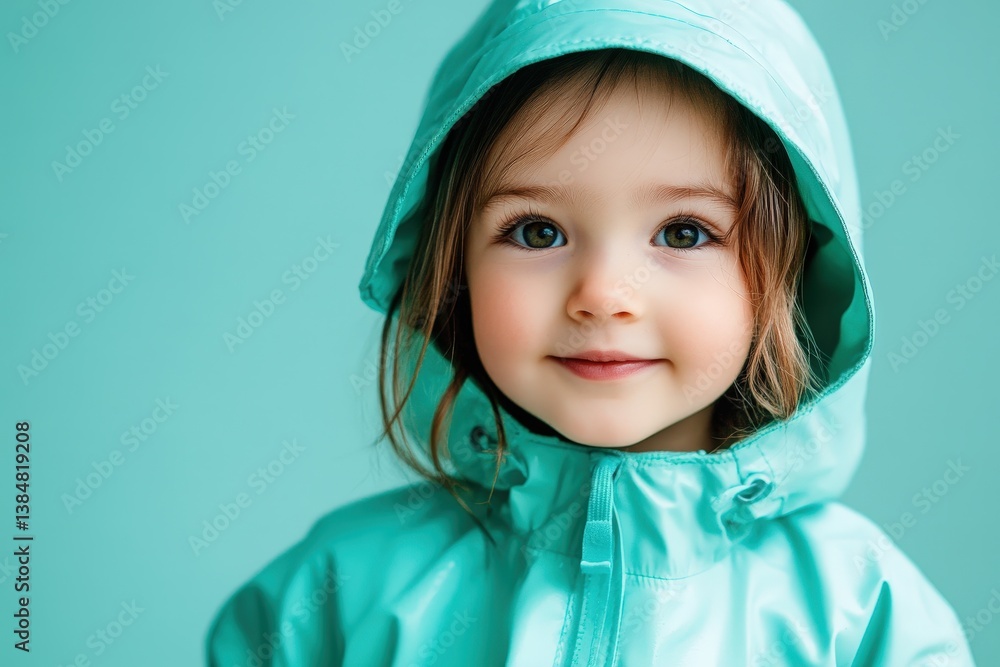 A smiling little girl is wearing a hooded raincoat A smiling little girl is wearing a hooded raincoat