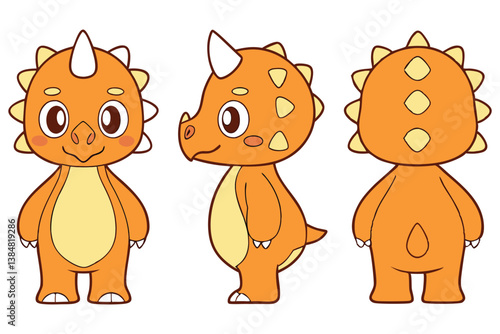 Cartoon Triceratops Mascot Character Poses; Front, Side, and Back View on White