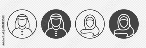 Illustration of Saudi People in traditional dress. Arab man and woman profile avatar. Outline and silhouette icons. Vector 