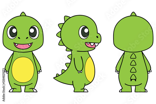 Cute Green Dinosaur Character Cartoon in Front, Side and Back Views on White