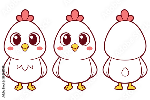 Three Cartoon White Chicken Illustrations in Front and Back Views with Pink Cheeks