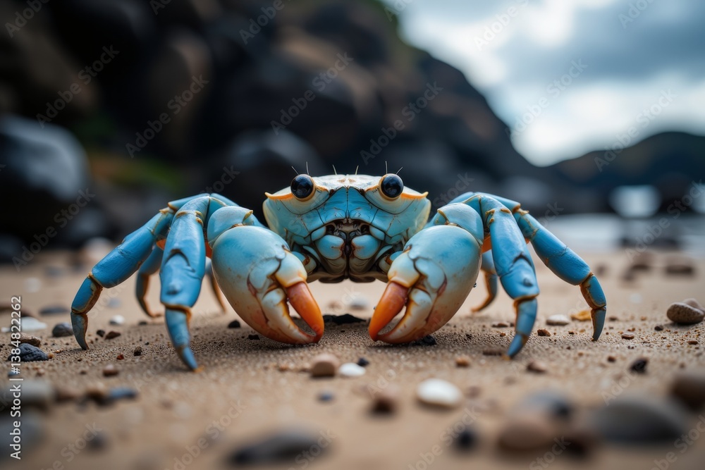 Fototapeta premium Vibrant Blue Crab on Sandy Beach Coastal Crustacean Close up