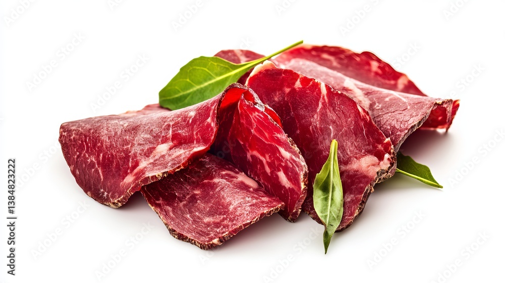 Obraz premium Close up of several slices of bresaola with green leaves on a white background studio shot