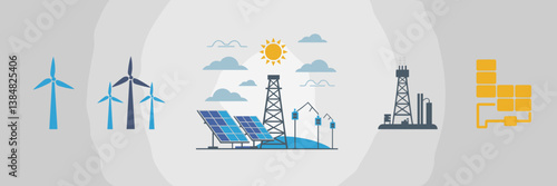 Energy industry icon sheet with wind turbines, solar panels, oil rigs, and grids – Great for renewable energy infographics, power sector visuals, or sustainability presentations.