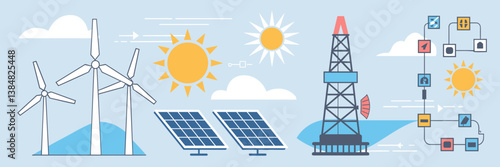 Modern energy icon sheet featuring wind, solar, oil, and power grid sources