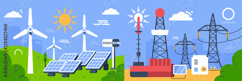 Energy icons set with wind turbine, solar array, oil rig, and power grid – Ideal for educational content, sustainability themes, or industrial branding.