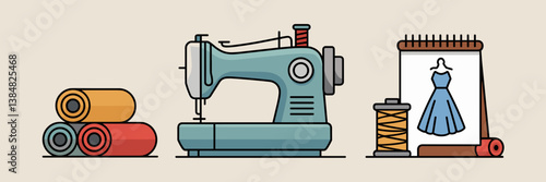 Vector icon set with sleek sewing machine, fabric rolls, and sketchpad