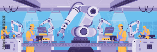 Robotic arm operating on assembly line with factory workers – Great for manufacturing education, automation infographics, or industrial tech branding.