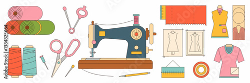 Clothing industry icons with classic sewing machine, colorful fabric, and sketches
