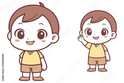 Cute Cartoon Boy Illustrations Standing and Waving on Transparent Background