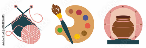 Minimalist DIY craft icons featuring yarn, brush, and pottery