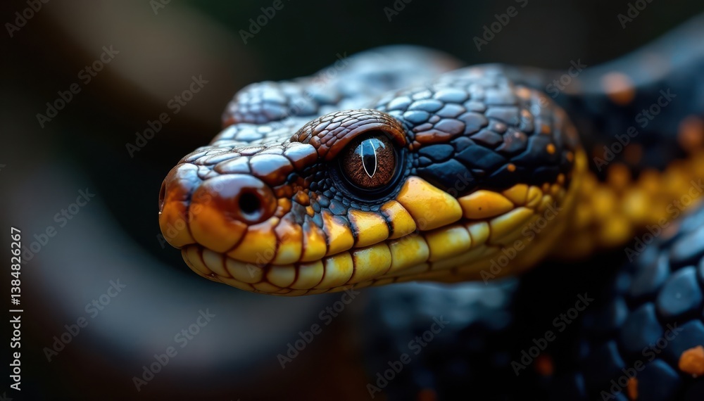 Snake's face features prominent eyes and vertical pupils, closeup, venomous Snake's face features prominent eyes and vertical pupils, closeup, venomous