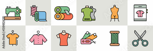 Simple grid of clothing and textile icons including sewing machine and mannequin
