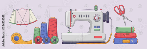 Textile industry vector set with sewing machine, fabric rolls, and fashion tools