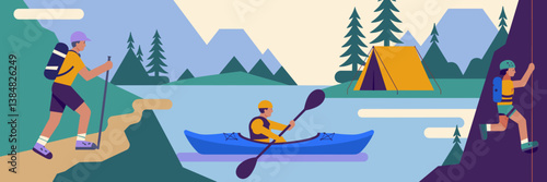 Outdoor activity illustration with hiking, kayaking, camping, and climbing in nature