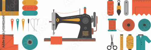 Classic fashion design icon set with sewing machine and sewing tools