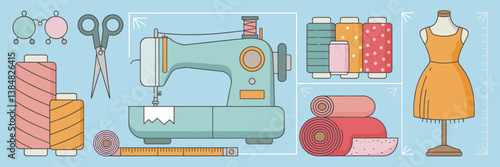 Clothing and textile icons with silver sewing machine and colorful fabrics