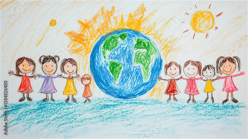 Hand-Drawn Children Holding Hands Around the Globe