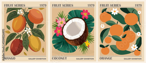 Fruit market retro posters with mango, coconut, orange fruits. Kitchen wall art. Colorful vector illustrations