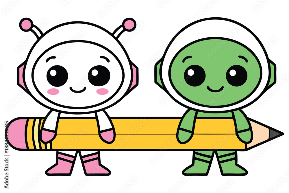Obraz premium Two Kawaii Astronauts Holding Yellow Pencil with Transparent Background Design
