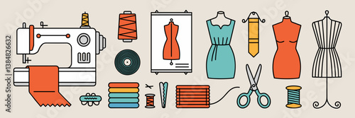 Vector icon set of clothing design tools with sewing machine and mannequin