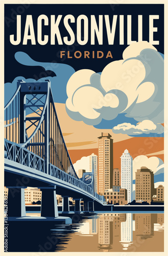 Jacksonville, USA travel destination poster in retro style. Vintage vector illustration