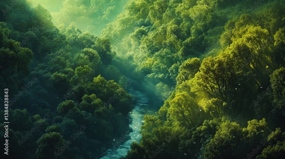 A lush forest filled with vibrant green trees surrounds a serene river, illuminated by gentle sunlight filtering through the canopy during the peaceful morning A lush forest filled with vibrant green trees surrounds a serene river, illuminated by gentle sunlight filtering through the canopy during the peaceful morning