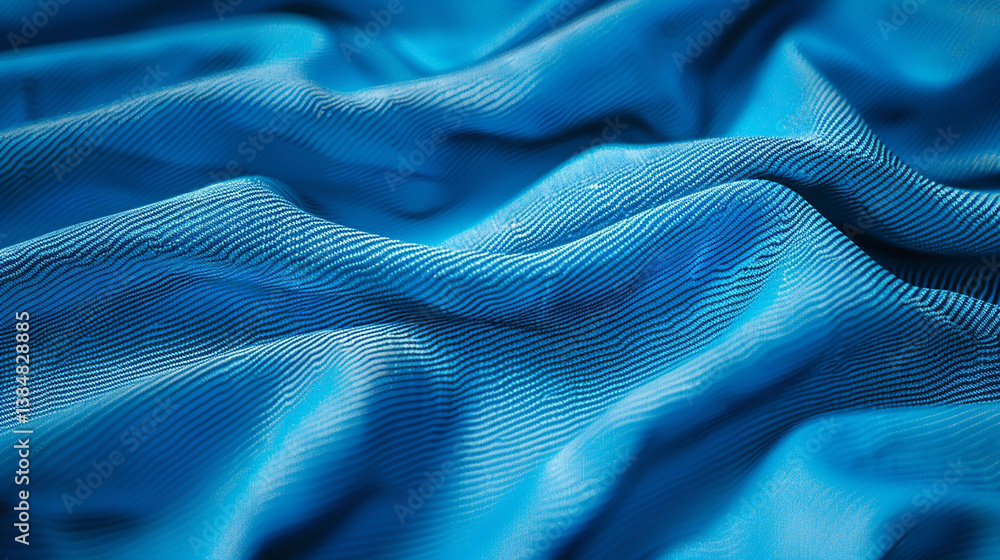 Generate a close-up of a vibrant blue fabric with realistic folds and soft lighting. The texture should have a smooth weave pattern, resembling high-quality textile material Generate a close-up of a vibrant blue fabric with realistic folds and soft lighting. The texture should have a smooth weave pattern, resembling high-quality textile material