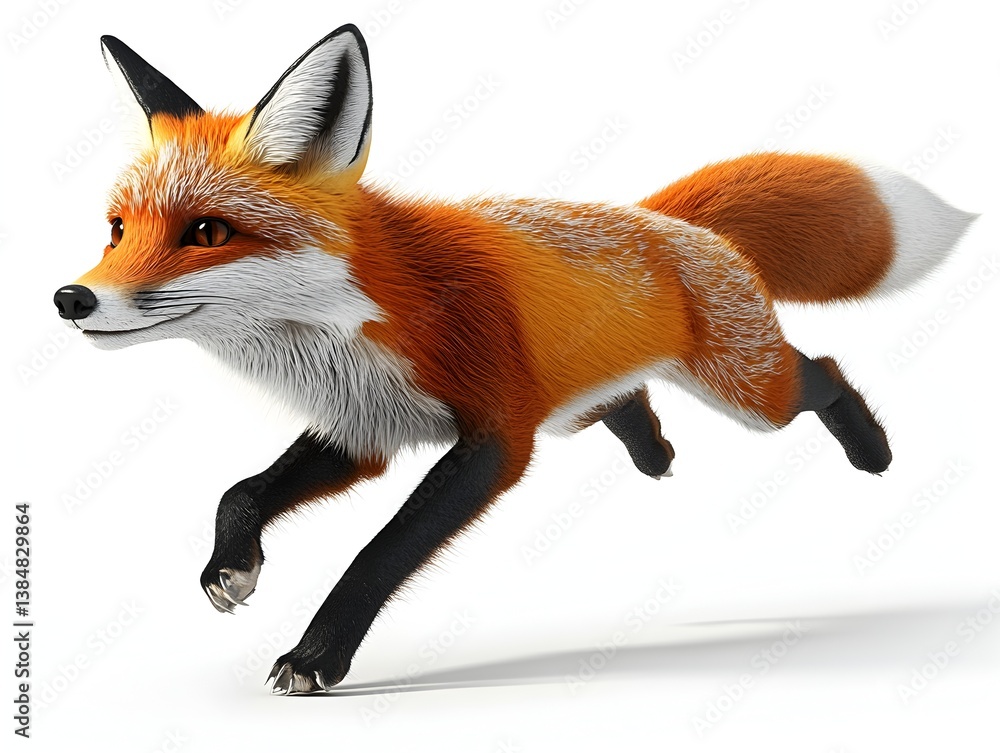 Fototapeta premium A vibrant red fox gracefully leaps across a pristine white background showcasing its luxurious fur and agile movement.