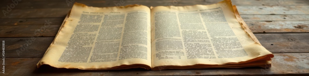 Obraz premium Weathered newspaper pages with yellowed edges and torn corners on a worn wooden table , background, paper