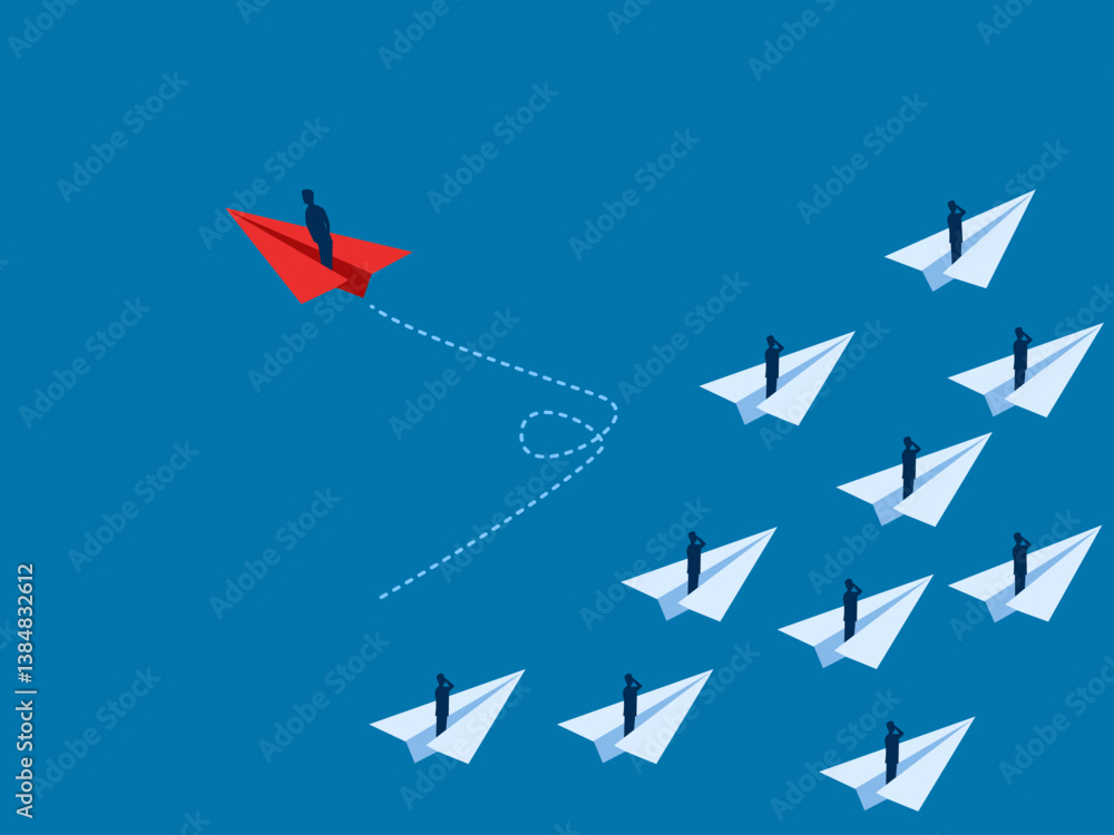 Think Different, Businessman Dares to Fly Paper Plane Out of Team Think Different, Businessman Dares to Fly Paper Plane Out of Team