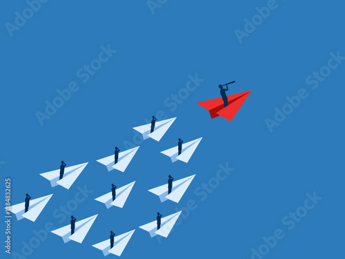 Visionary businessman drives a red paper plane to lead the team