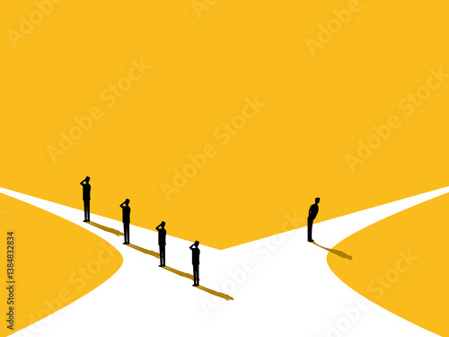 Businessman confidently chooses a different path from his team