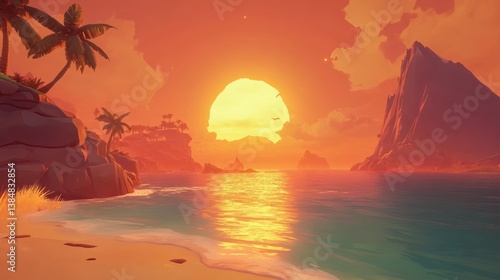 Warm Tropical Sunset Landscape with Palm Trees and Coastal Scenery View