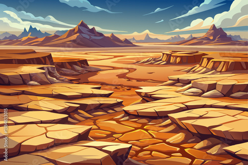 summer desert landscape, rocky field with sediment layers, wind textures, and cracked earth